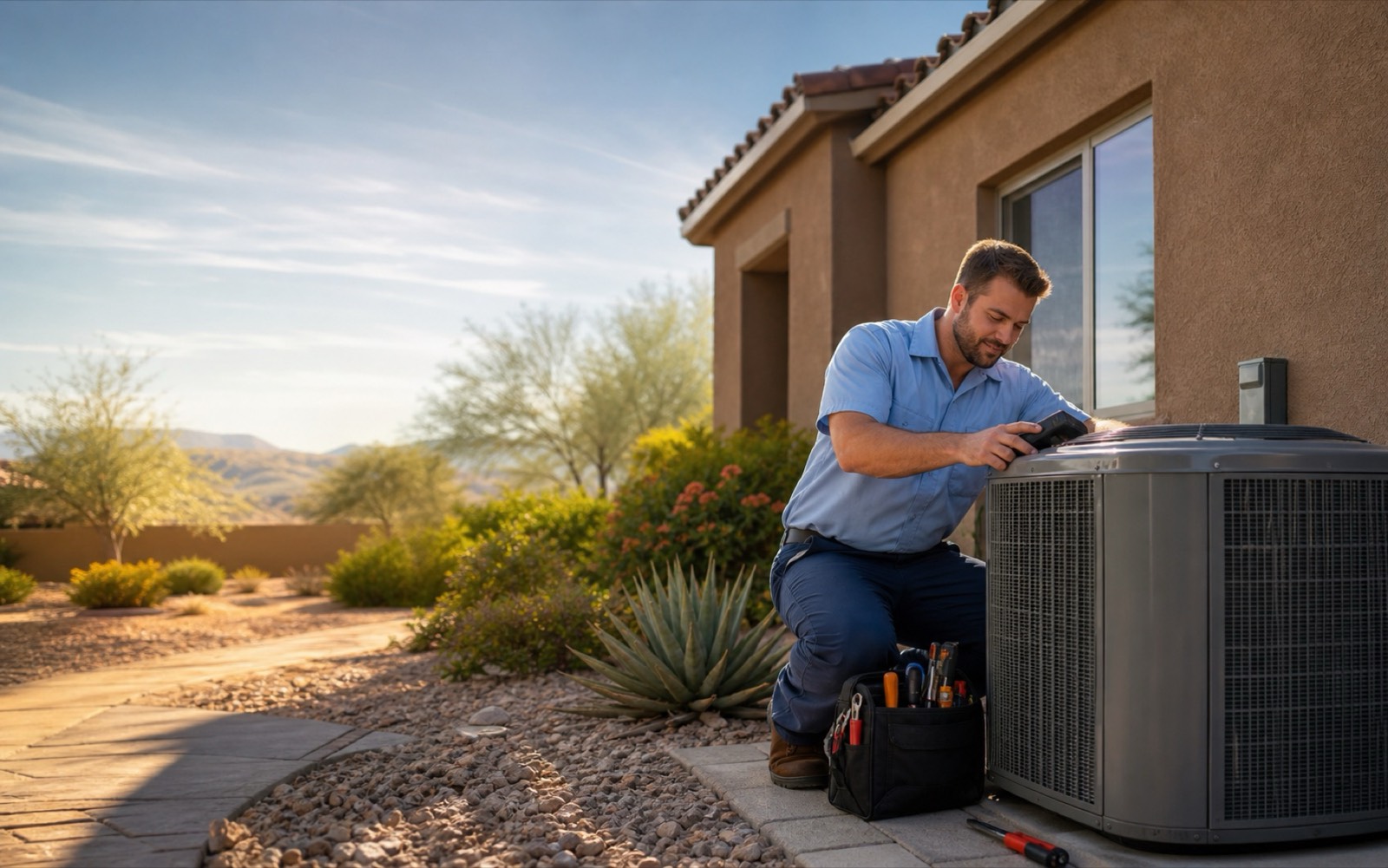 Technician kneeling beside an AC condenser explaining the tune-up results to a Sun City homeowner on their patio